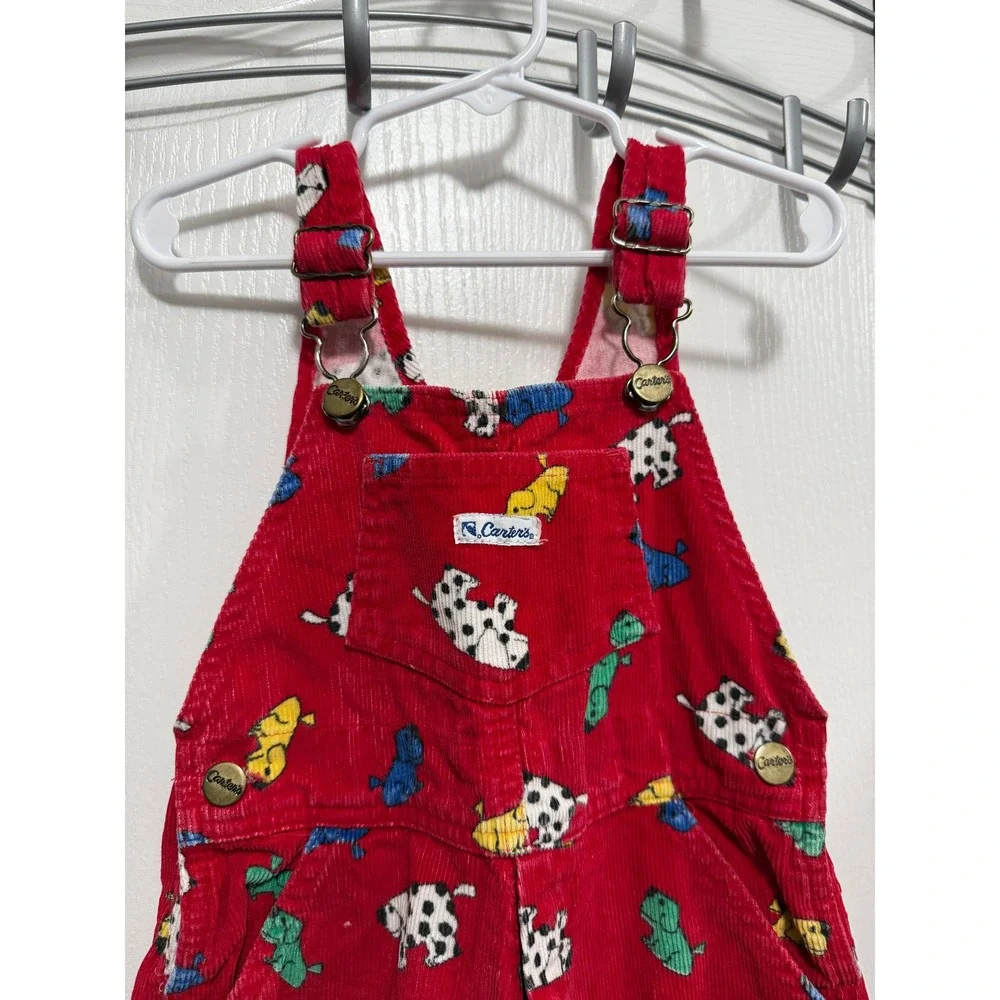 Vintage 90s Carters Red Corduroy Dog Print Overalls Kids 2T Dalmatian Bibs